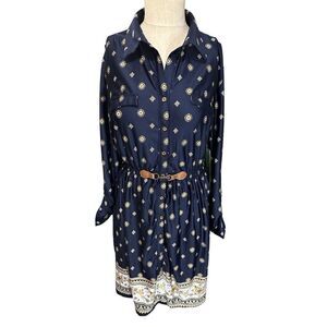 Always Indigo Womens Tunic Dress Button Up Elastic Waist Belted New XL petite ￼